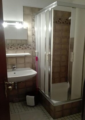 Shower, hair dryer, towels, toilet paper