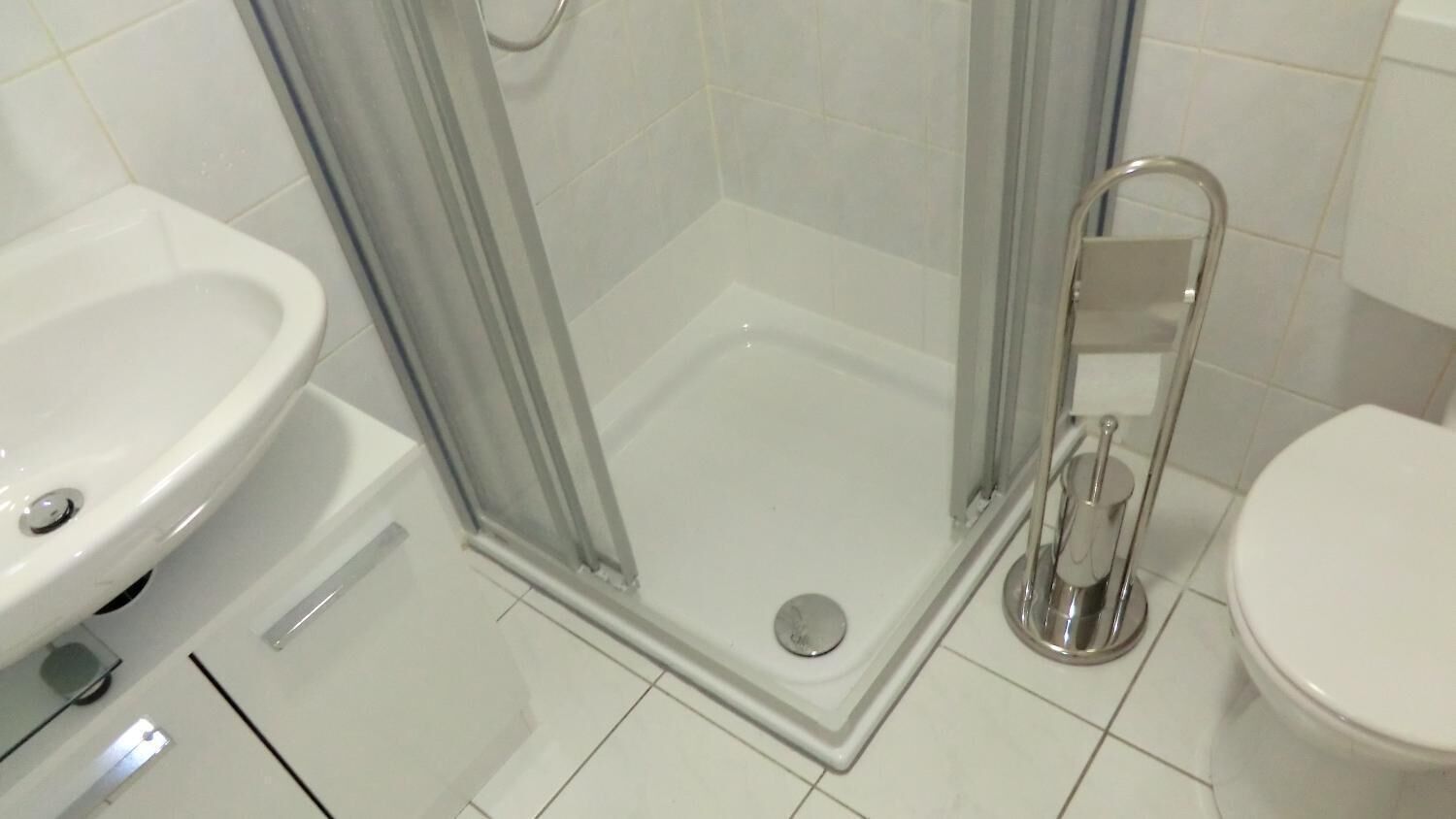 A bathroom with a glass-enclosed shower, a white sink, and a toilet.