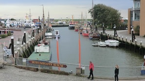 Ein Hafen mit vertäuten Booten, einem Museumszeichen und einem Gebäude im Hintergrund.
