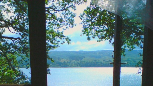 A view from inside a cabin overlooking a lake with a picnic table and bench. - SLOY CABIN is a charming cabin in a stunning loch side location, with hot tub. (Taynuilt)