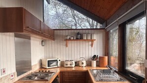 A compact kitchen with wooden cabinets, a microwave, a toaster, and a kettle. - SLOY CABIN is a charming cabin in a stunning loch side location, with hot tub. (Taynuilt)