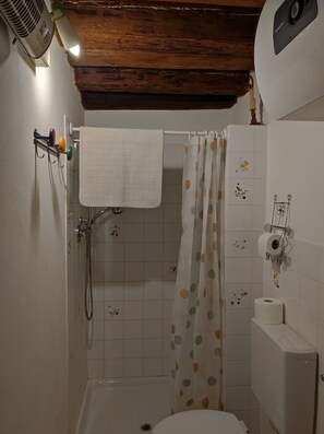 Douche, sĂšche-cheveux, bidet, serviettes fournies
