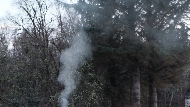 Una cabaña con chimenea que emite humo, rodeada de árboles y una masa de agua.