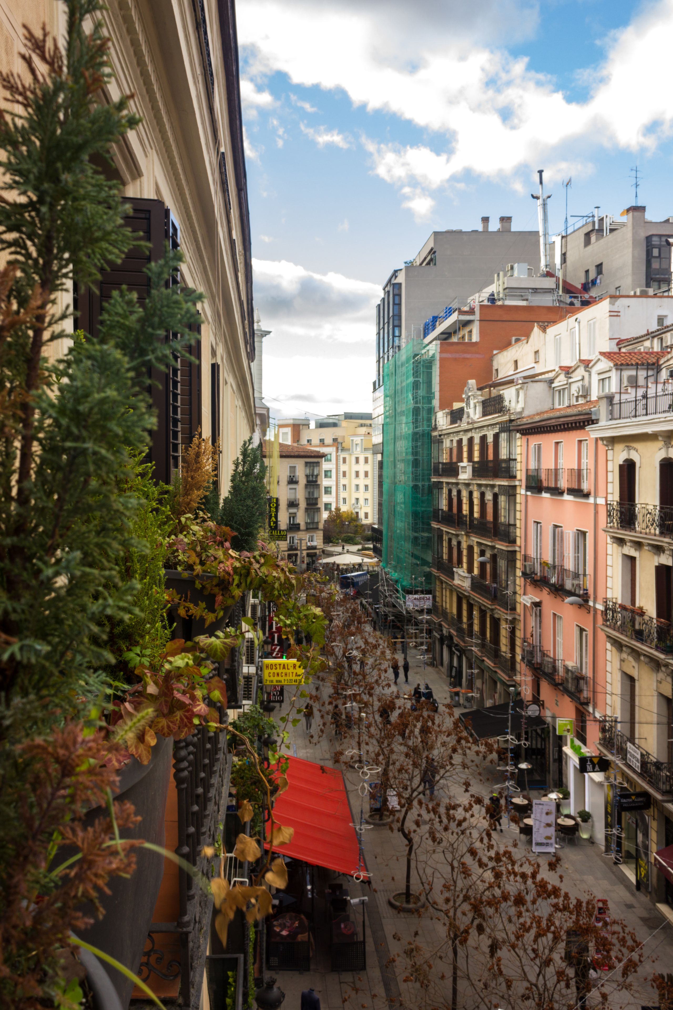 Una calle estrecha flanqueada por edificios, algunos con balcones y otros con comercios en la planta baja.