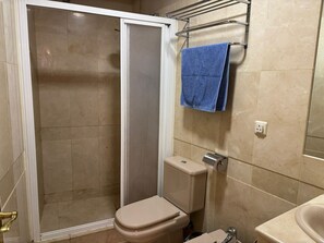 Dusche, Haartrockner, Handtücher, Seife