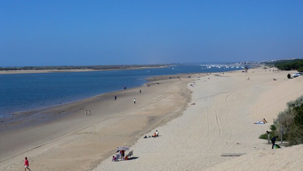 Ein weiter Sandstrand unter blauem Himmel.