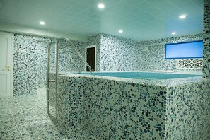A swimming pool with mosaic tile walls and a metal ladder. - Hotel Topaz (Astana)