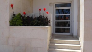 La entrada de un edificio con una serie de escalones que conducen a una puerta, una maceta con flores rojas y una ventana sobre la puerta.
