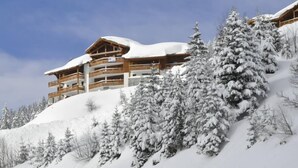 Una xalet de fusta de diversos pisos amb balcons, envoltat d'arbres coberts de neu i un cel clar.