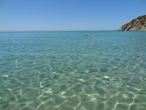 Clear shallow water with visible sand patterns and a distant rocky coastline.