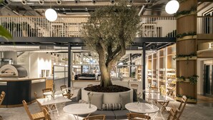 A modern indoor space with a central tree, seating areas, and a kitchen area. - Ergon House Athens (Athens)