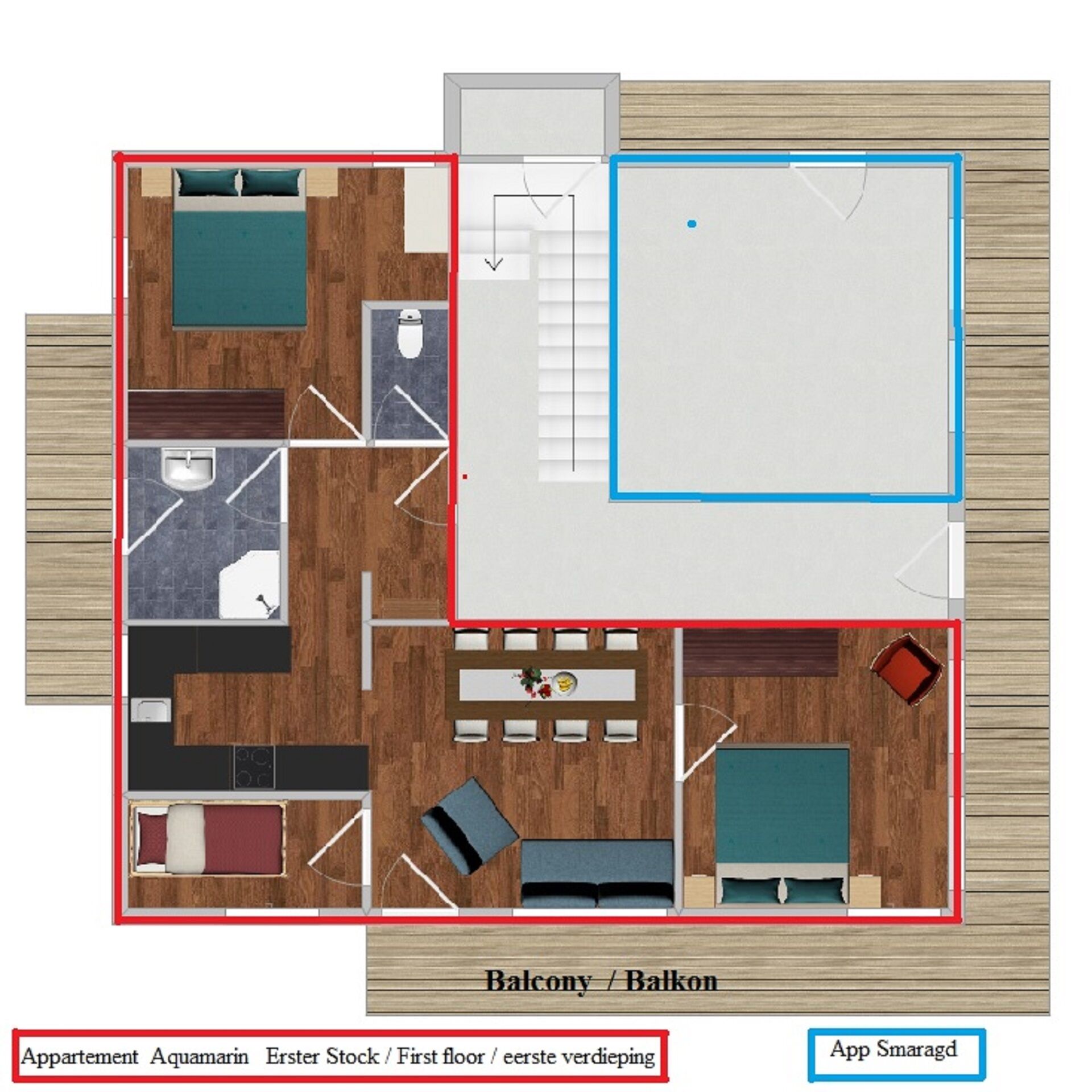 Plan d’un appartement situé au deuxième étage, doté d’un balcon, et comprenant un salon, une cuisine, une salle de bain et un petit espace balcon.