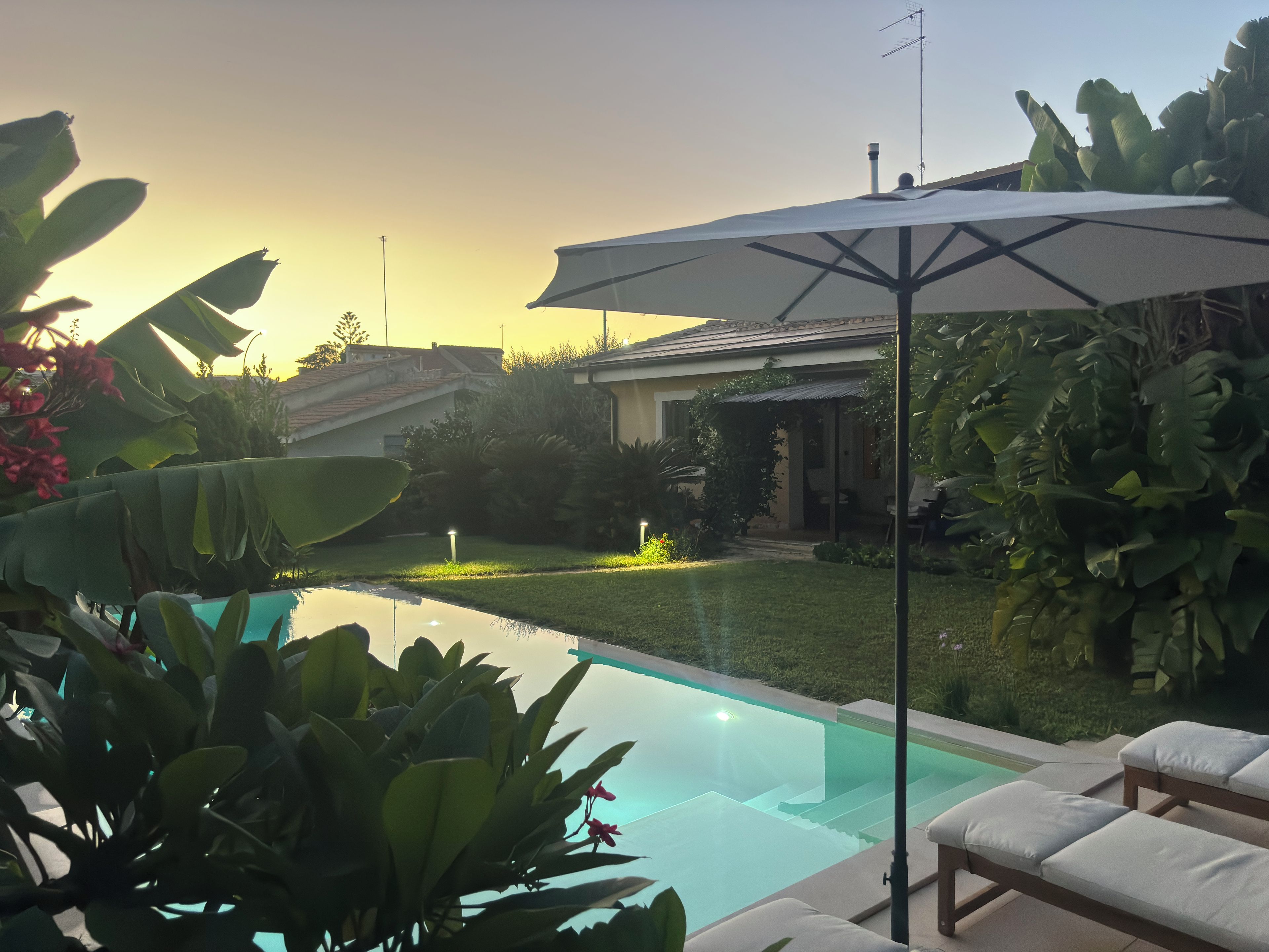 A swimming pool with lounge chairs and an umbrella, surrounded by lush greenery and a house in the background.