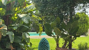Ein Garten mit vielfältigen Pflanzen, einer dekorativen grünen Skulptur und einem Pool im Hintergrund.