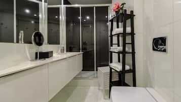 Shower, hair dryer, towels, soap