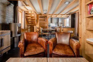 TV connectée, cheminée, lecteur de DVD, livres