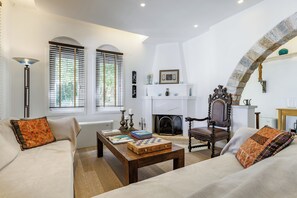 Smart TV, fireplace, DVD player, books