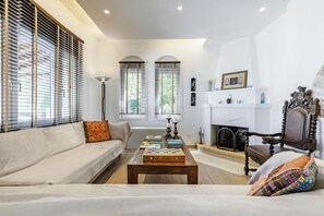 Smart TV, chimenea, reproductor de DVD y libros 