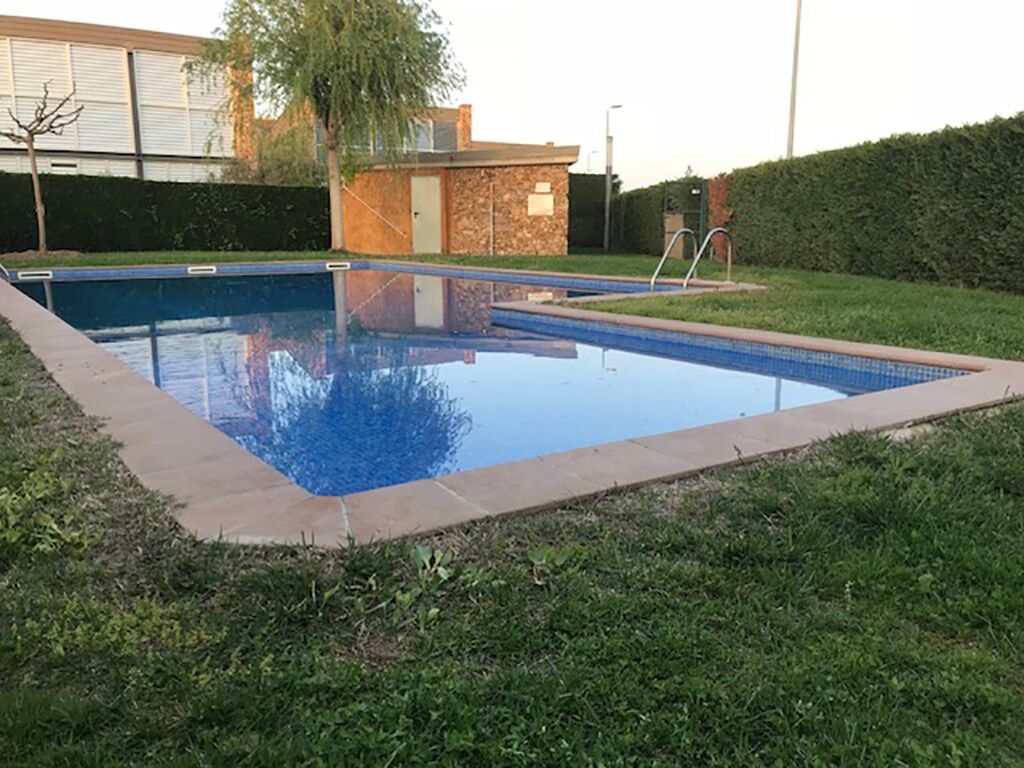 A rectangular swimming pool with a tiled edge, surrounded by a grassy area and a hedge.