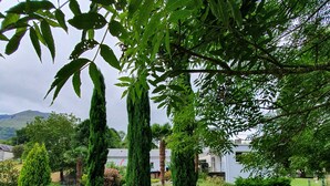 A garden with a rustic metal pot, neatly trimmed grass, and a gravel path leading to a house. - Great architect Villa with swimming pool (Ossen)