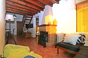 TV, fireplace, books