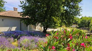 A garden with lavender and pink flowers, a large tree, and a building with a tiled roof.
