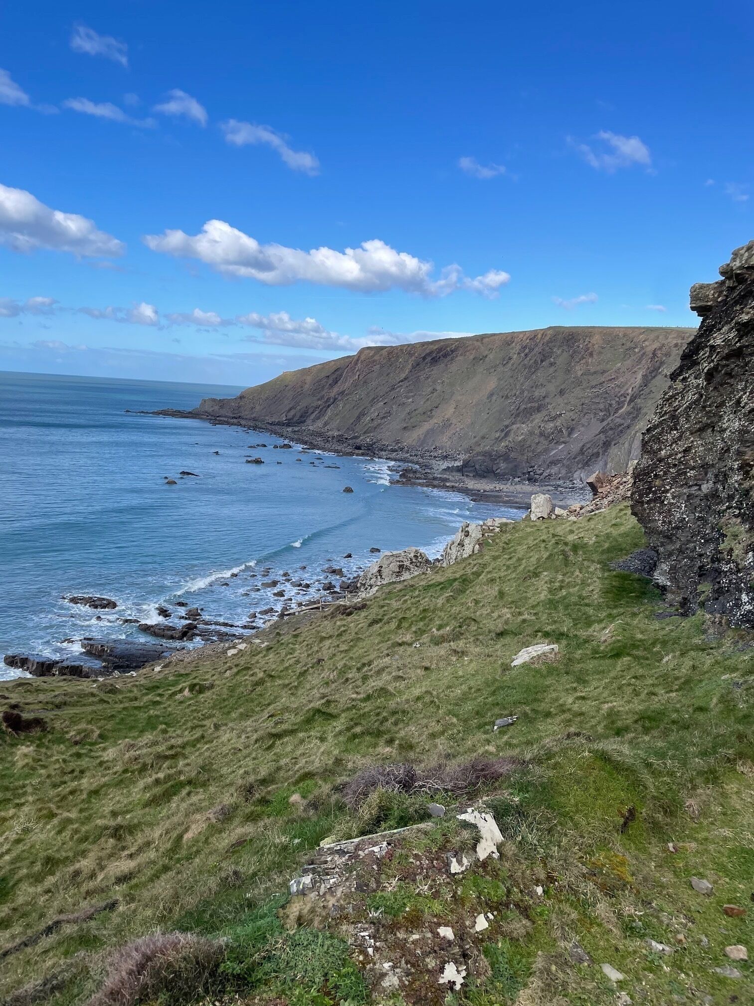 A coastal landscape with cliffs, grassy terrain, and a clear blue sky.