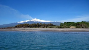A beach with a mountain in the background.