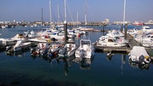 A marina with various boats docked at piers.