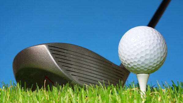 A golf club and ball on a tee in grass. - Family Retreat With Panoramic Lake View And Large Front And Back Gardens (Newmarket-On-Fergus)