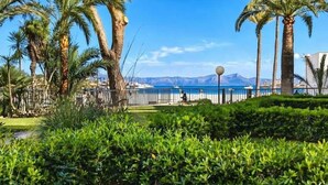Un jardin aménagé avec des palmiers, un sentier et une vue sur la mer et les montagnes.