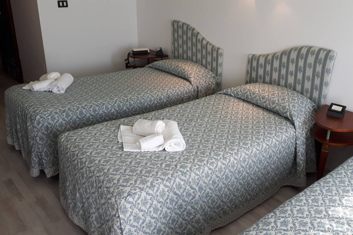 A hotel room with two beds, each with a patterned bedspread and pillows. There is a small wooden table with a telephone and a box on it.