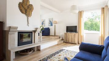 Smart-TV, Kamin, DVD-Player, Bücher