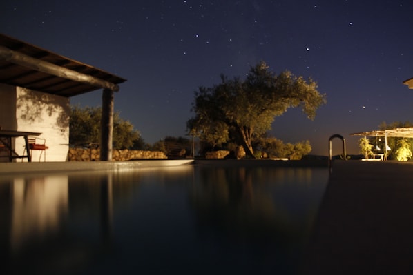 A nighttime pool area with a clear view of the sky, a tree, and a building structure. - Five star villa with fabulous swimming pool (Almoharín)