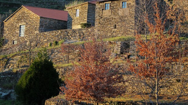 Un edifici de pedra amb teulada vermella, ubicat a la vessant d'una collada plena de fullatge d'octubre.