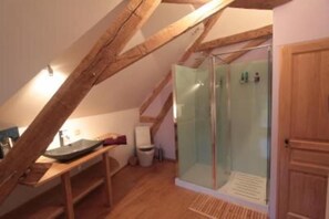 Chuveiro, toalhas de banho, papel higiênico 