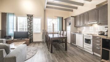 Apartment, 2 Bedrooms, Sauna | Private kitchen | Full-sized fridge, microwave, oven, stovetop