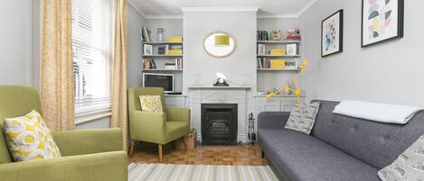 Älytelevisio, takka, DVD-soitin, kirjoja