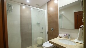 A bathroom with a glass-enclosed shower, a toilet, and a sink with a mirror above it. - Daspalla Executive Court (Visakhapatnam)