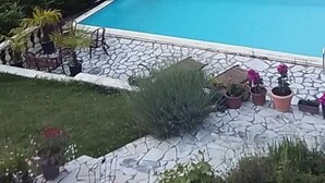 Une piscine dotée d’une terrasse en pierre et agrémentée de plantes en pot, entourée d’une pelouse et d’arbres.