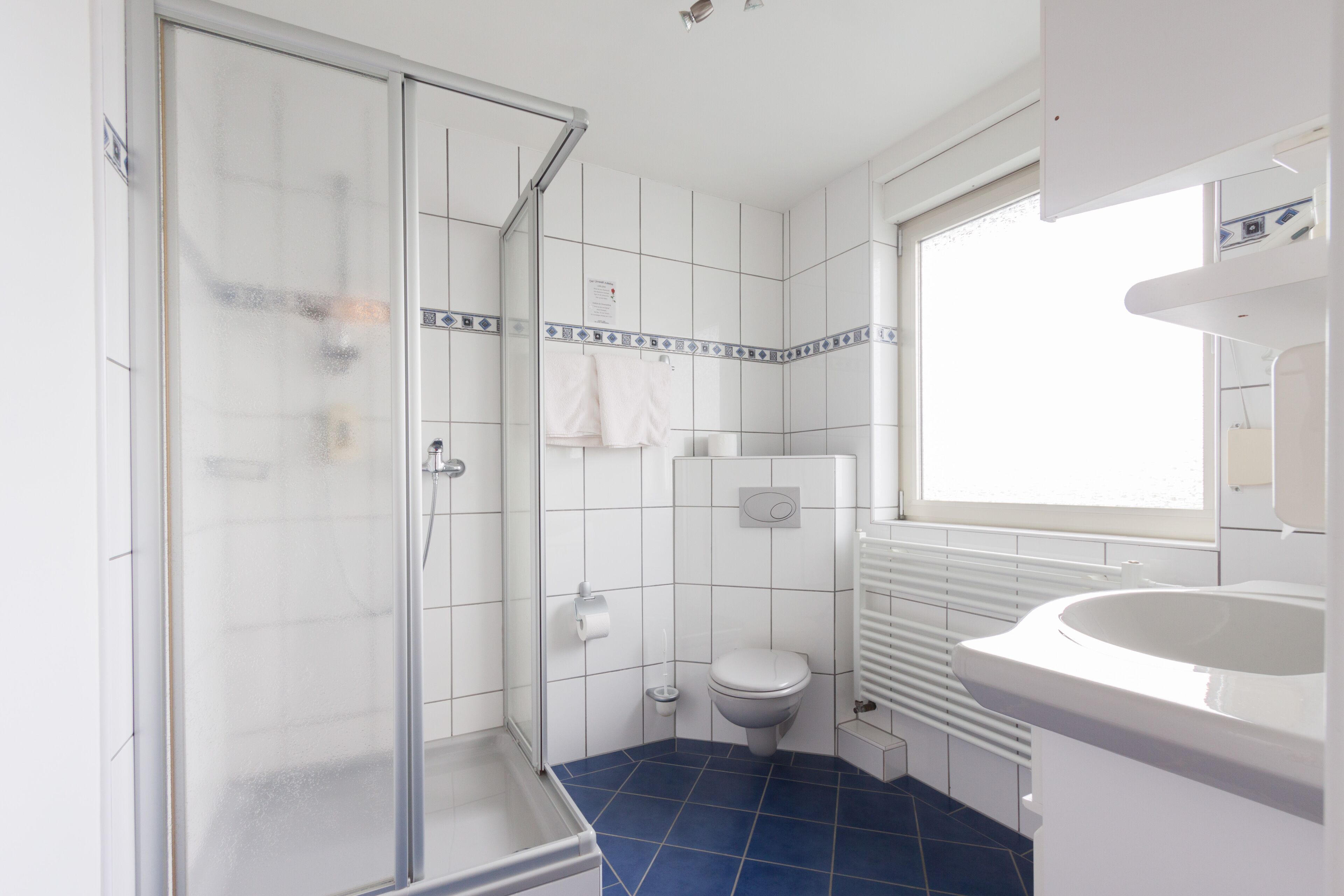 A bathroom with a glass shower enclosure, a toilet, a sink, and a window.