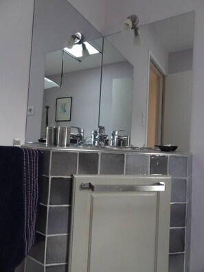 Bathtub, hair dryer, bidet, towels