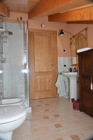 Regadera, secadora de cabello, bidet, toallas 