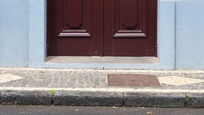 A double door with intricate designs, a mailbox, and a small sign above the door.