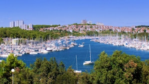 A marina filled with numerous boats and yachts, surrounded by lush greenery and residential buildings in the background.