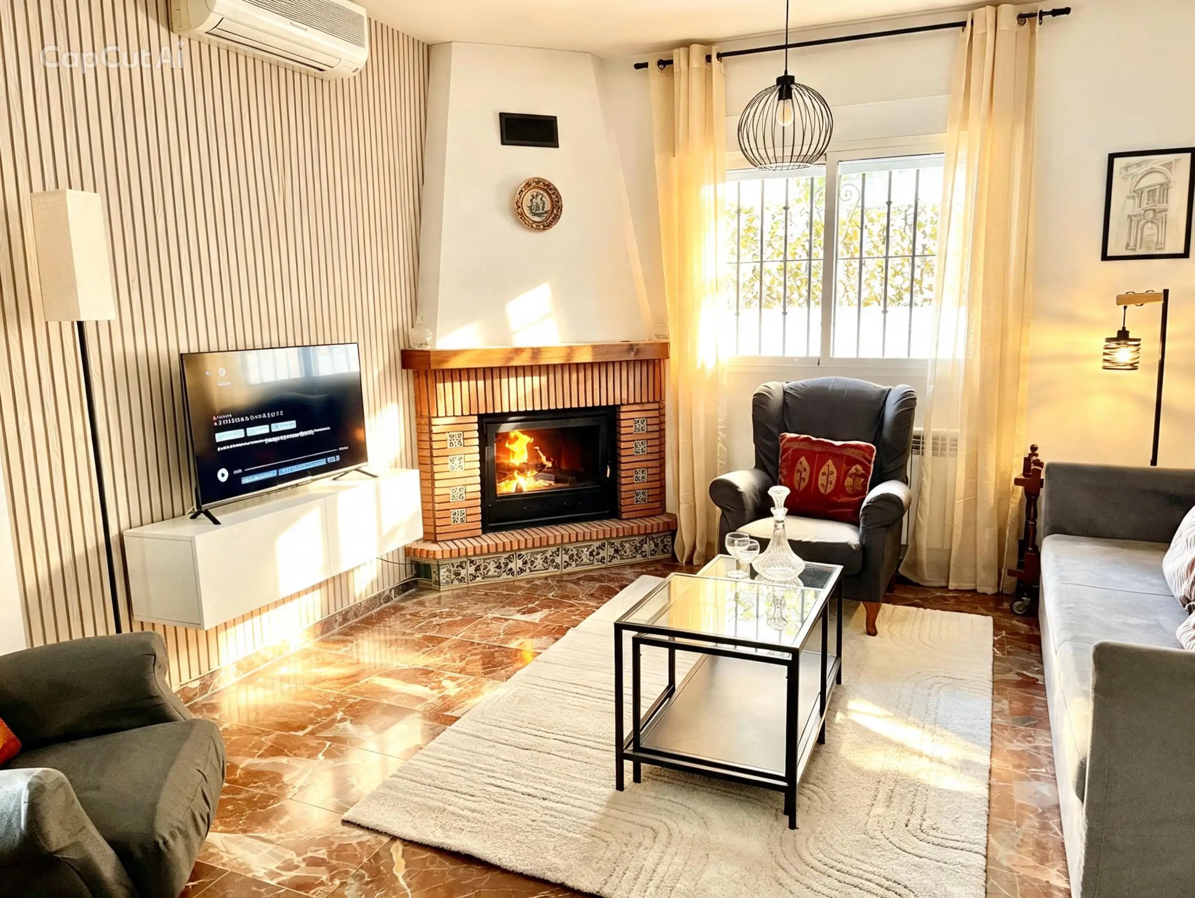 Een woonkamer met een open haard, een televisie en een bank.