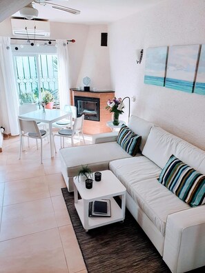 Smart TV, fireplace, DVD player, books
