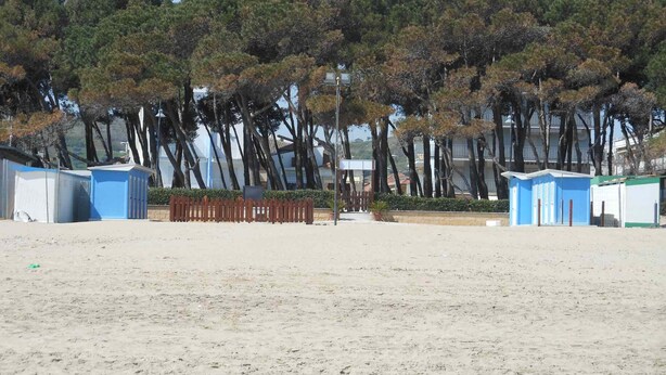 Uma área de praia com cabanas portáteis e uma colina arborizada ao fundo.