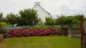 Il s’agit d’une propriété résidentielle dotée d’une pelouse bien entretenue, d’un grand arbuste à fleurs et d’une maison blanche avec un toit à pignon.