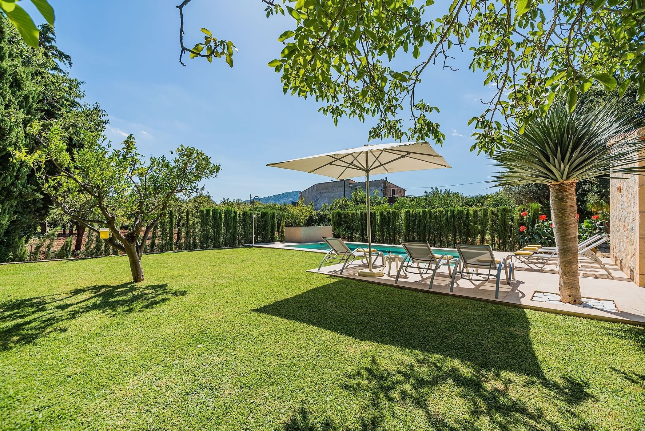 A backyard with a swimming pool, lounge chairs, and a large umbrella.